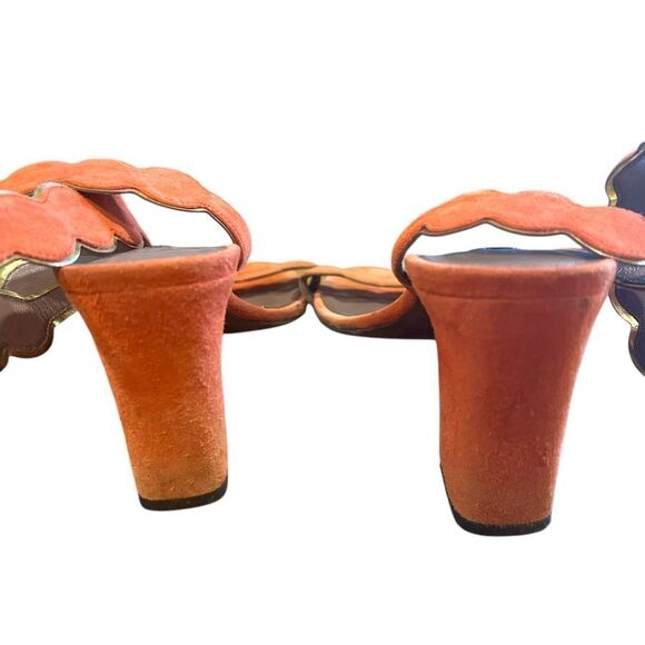 Revolve Tabitha Simmons Orange Suede Leather Scalloped Sandals Block Heels - Picture 6 of 11